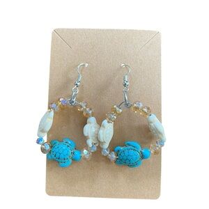 Blue and Cream Beaded Sea Turtle Dangle Earrings